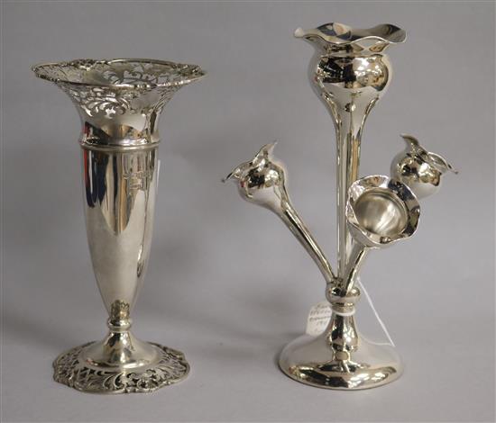 A George V silver epergne by Joseph Gloster Ltd, Birmingham, 1911 and a later silver trumpet vase.